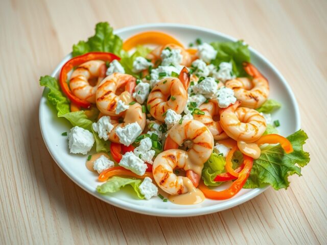 Salade van gamba’s en feta met sinaasappelsabayon
