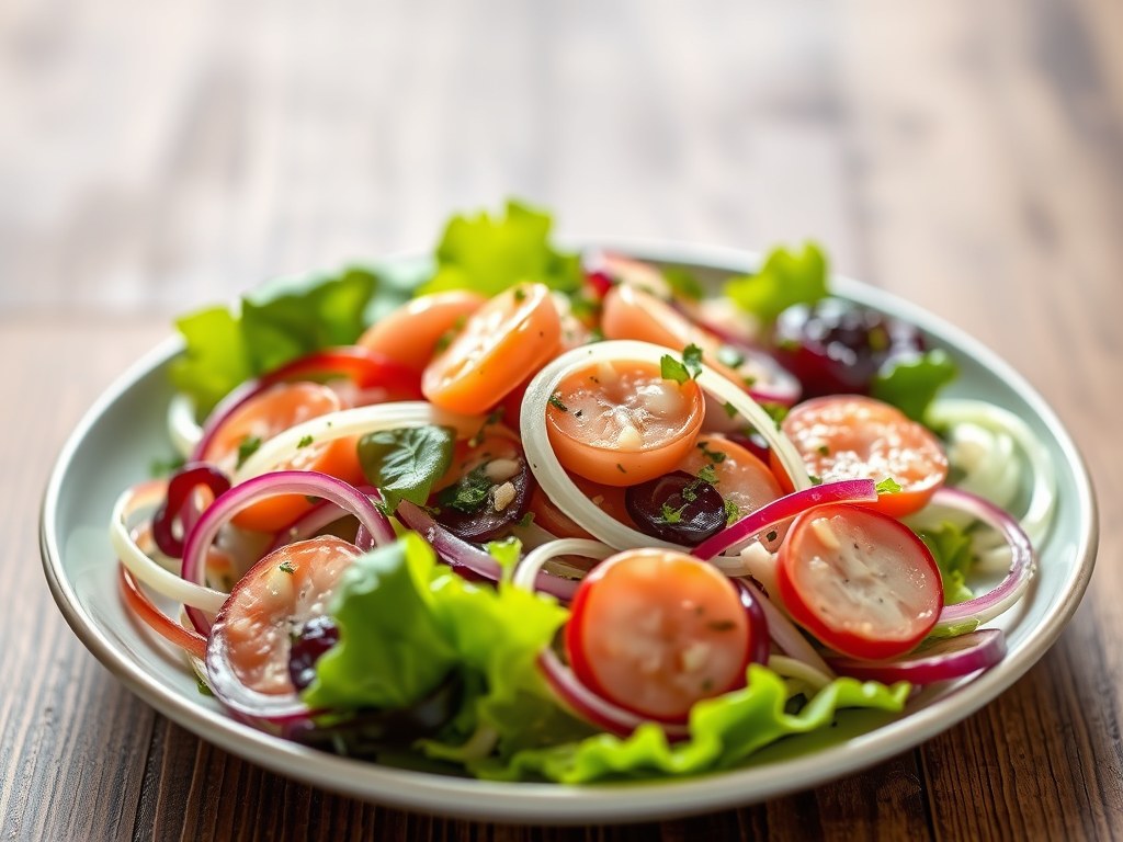 Salade van gamba’s,venkel en pruimen, AI-gegenereerde illustratie