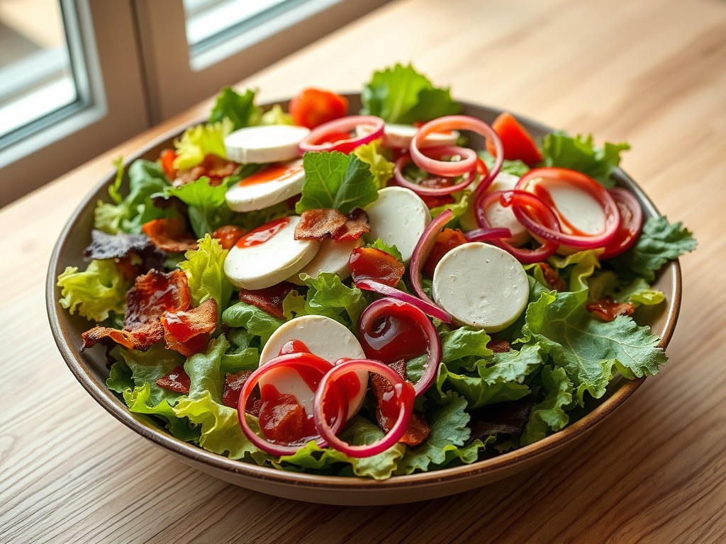 Salade van geitenkaas en spek met frambozendressin, AI-gegenereerde illustratie