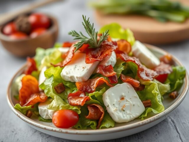 Salade van geitenkaasjes met gerookt spek en rozem