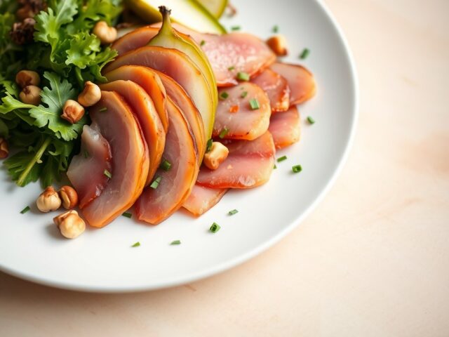 Salade van gerookte eendenfilet met peer