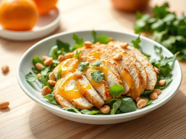 Salade van gerookte kip met sinaasappeldressing