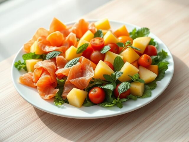 Salade van gerookte zalm met fruit