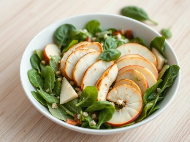 Salade van jonge spinazie met gegrilde kip en appel