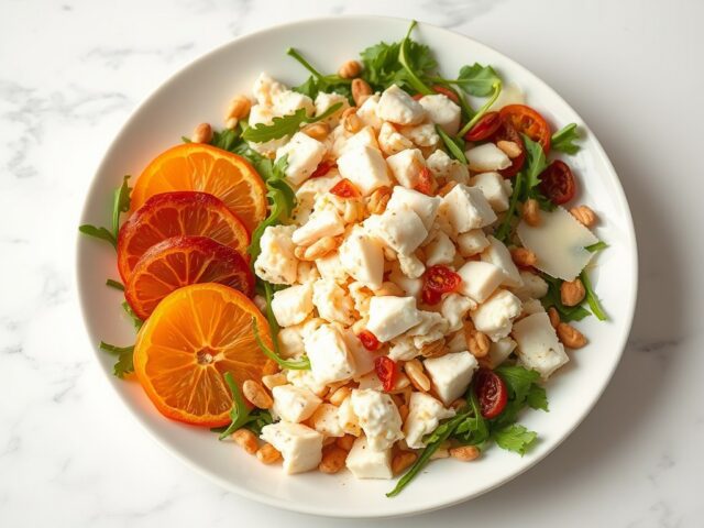 Salade van krab met mandarijntjes, gedroogde chorizo en vanilledressing