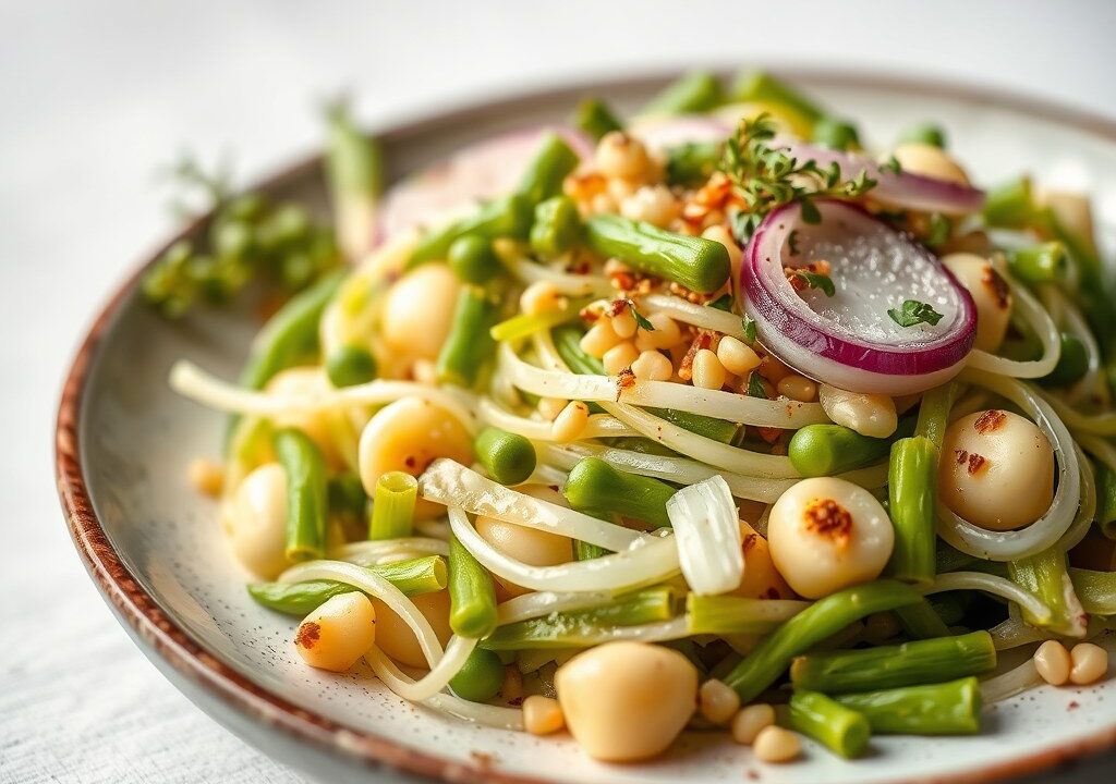 Salade van kreeft met artisjokken, asperges en kaviaar, AI-gegenereerde illustratie