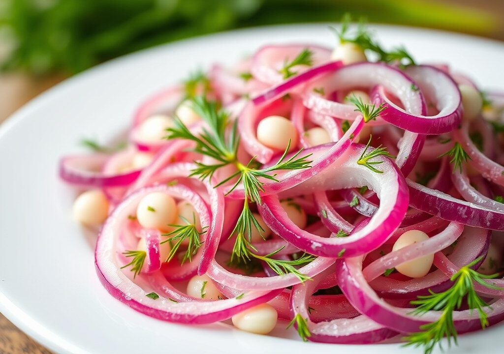 Salade van krieltjes, dille en rode uien, AI-gegenereerde illustratie