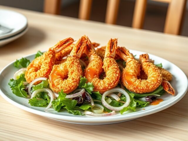 Salade van krokantgebakken gamba’s