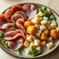Salade van lamsham en aardappelkroketjes