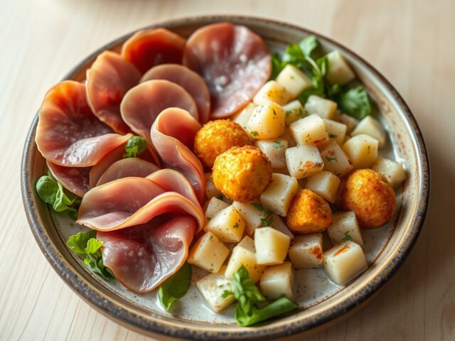 Salade van lamsham en aardappelkroketjes