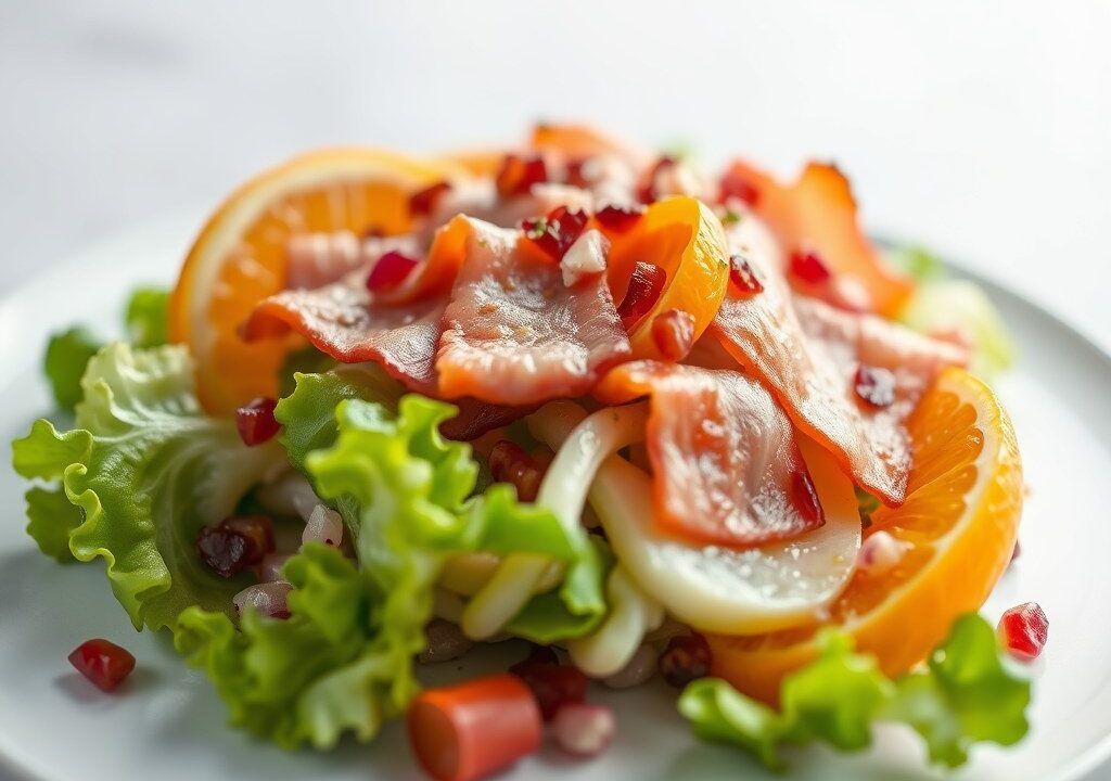Salade van licht gerookte ossenhaas met sinaasappel, AI-gegenereerde illustratie