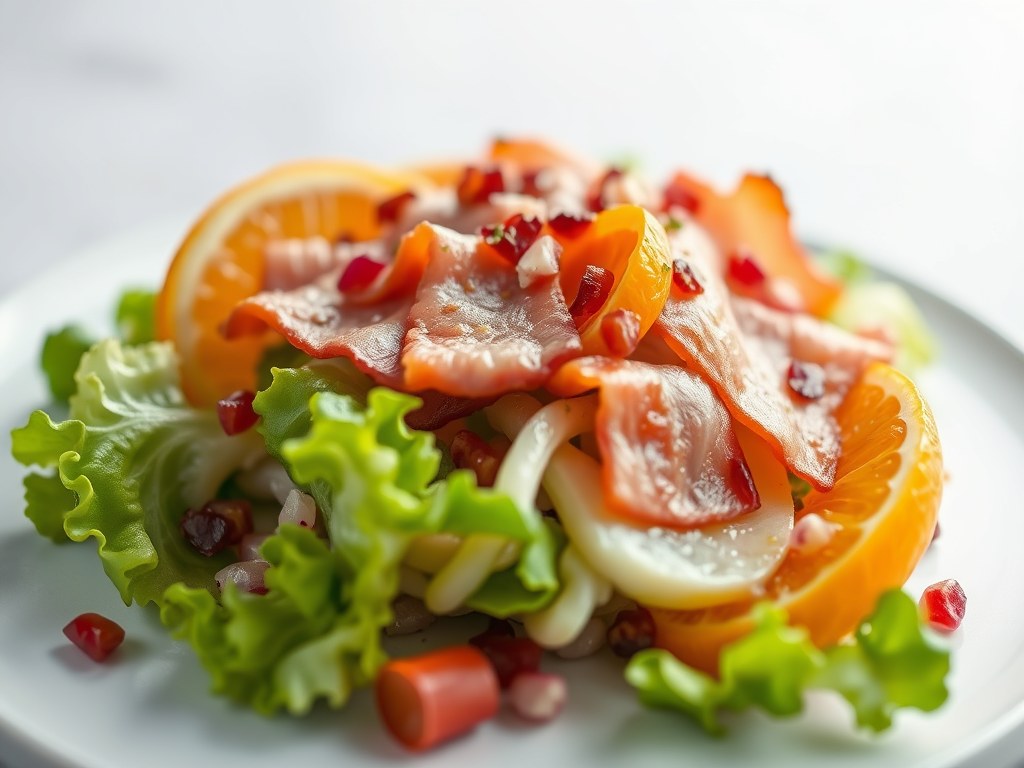 Salade van licht gerookte ossenhaas met sinaasappel, AI-gegenereerde illustratie