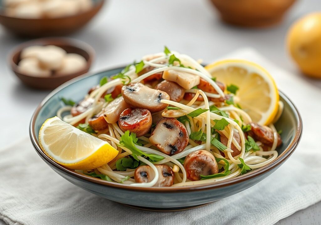 Salade van makreel,champignons en tauge, AI-gegenereerde illustratie