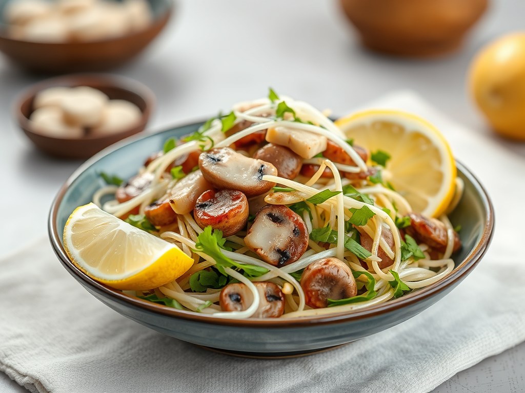 Salade van makreel,champignons en tauge, AI-gegenereerde illustratie
