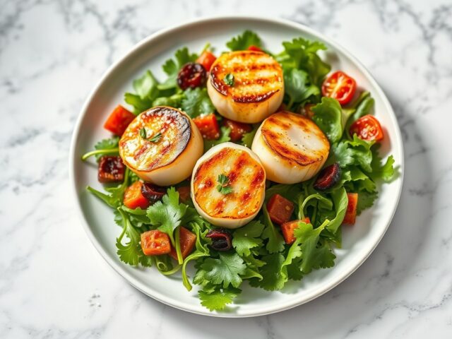 Salade van sint-jakobsvruchten en mesclun met citrusvruchten