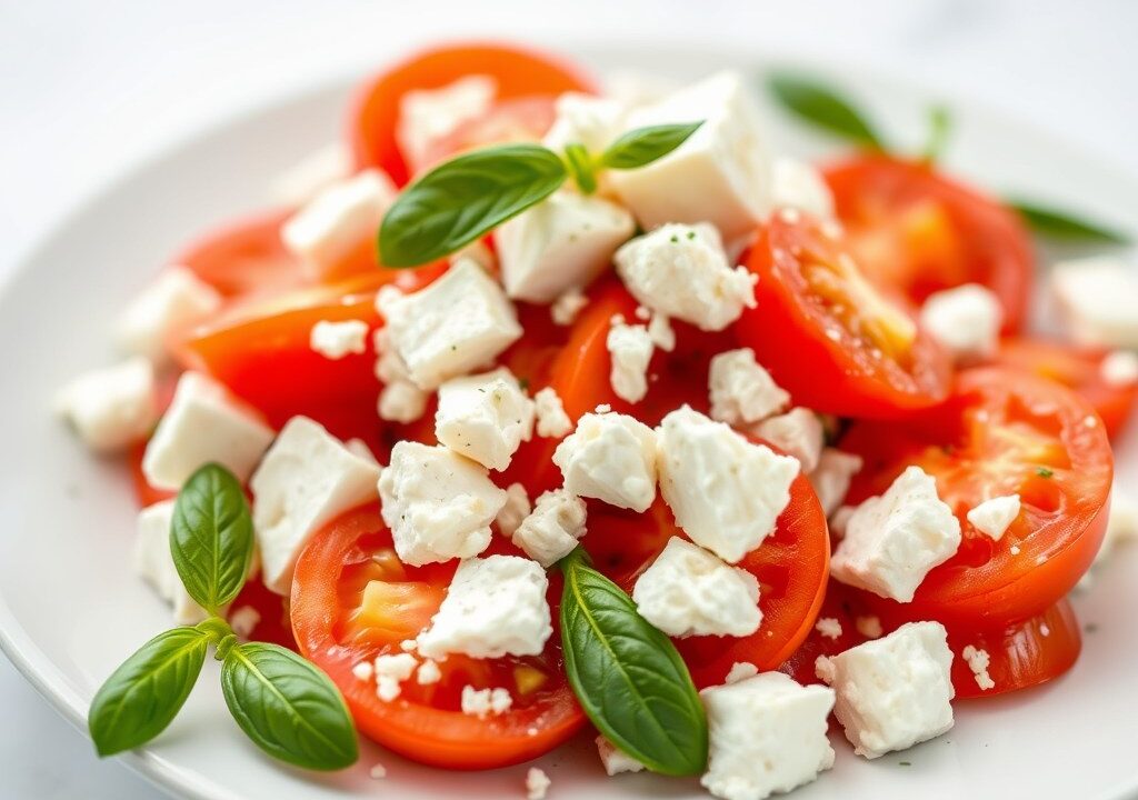 Salade van tomaten en feta, AI-gegenereerde illustratie