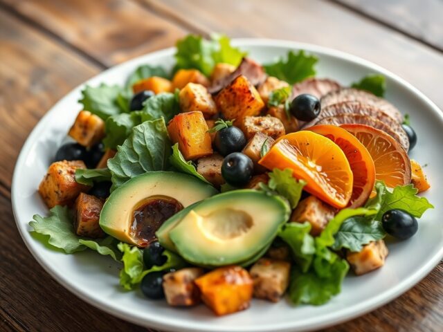 Salade van veldsla,avocado en rosbief