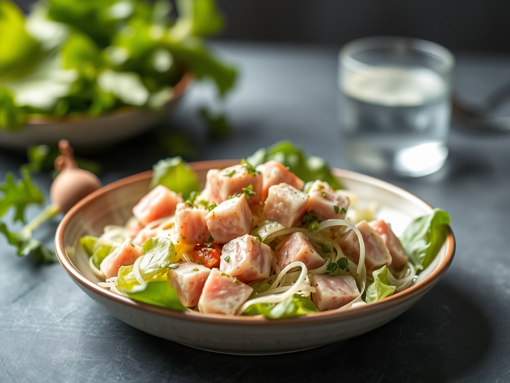 Salade van verse tonijn met gerookte forelcreme, AI-gegenereerde illustratie