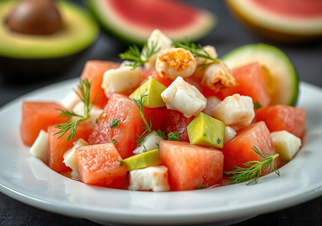Salade van watermeloen, krab en avocado, AI-gegenereerde illustratie