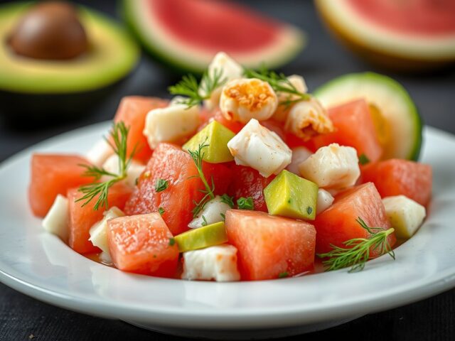 Salade van watermeloen, krab en avocado — AI-gegenereerde illustratie