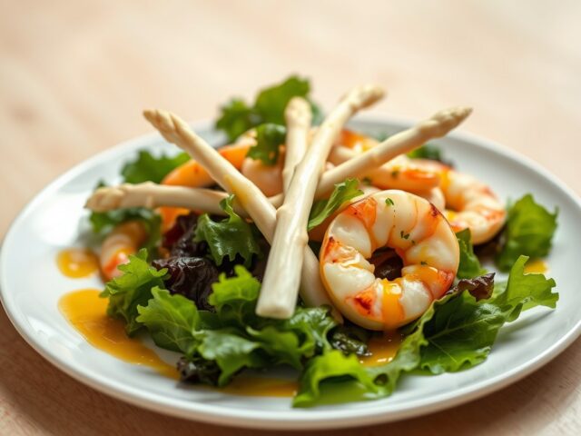 Salade van witte asperges met veldsla en scampi’s