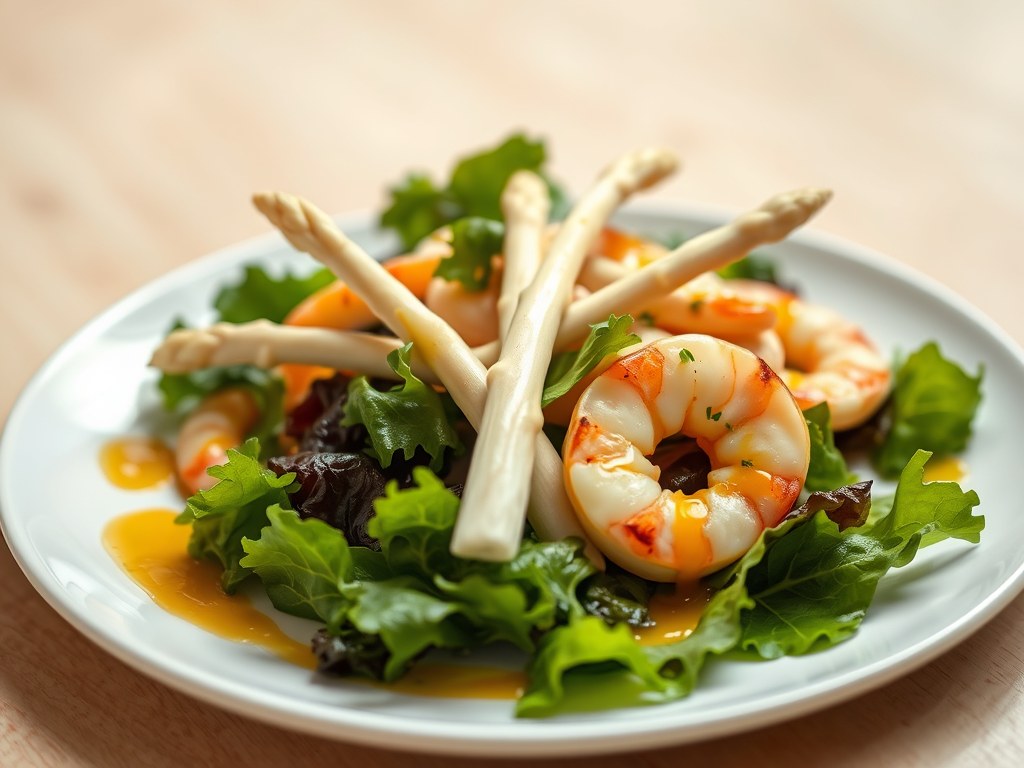 Salade van witte asperges met veldsla en scampi’s, AI-gegenereerde illustratie