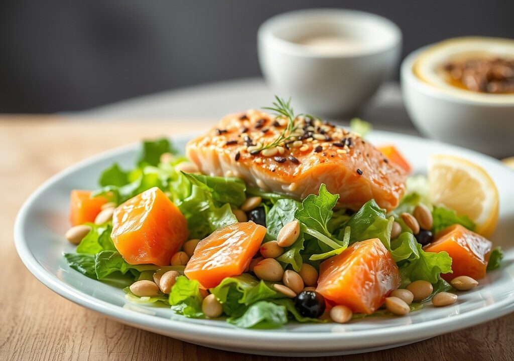 Salade: Warme salade van zalm en sesamzaad, AI-gegenereerde illustratie