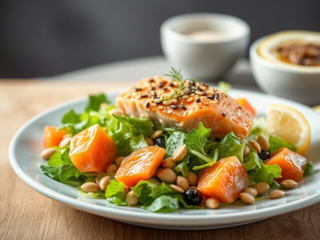 Salade: Warme salade van zalm en sesamzaad — AI-gegenereerde illustratie