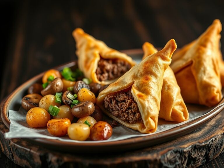 Samosa met rundvlees, gebakken krieltjes en champignons