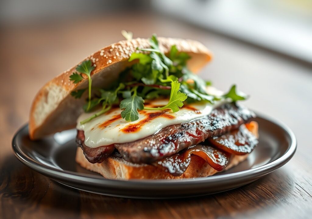 Sandwich met gegrilde biefstuk en blauwaderkaas, AI-gegenereerde illustratie