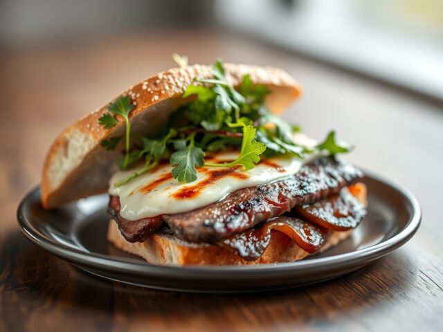 Sandwich met gegrilde biefstuk en blauwaderkaas — AI-gegenereerde illustratie