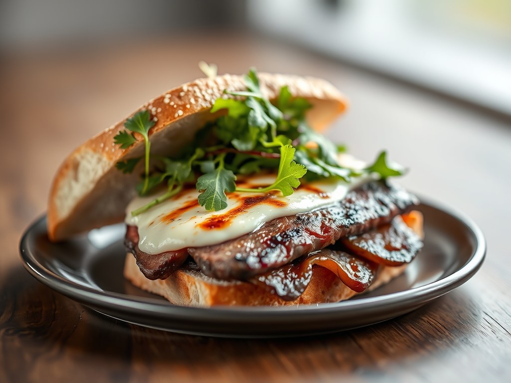 Sandwich met gegrilde biefstuk en blauwaderkaas, AI-gegenereerde illustratie