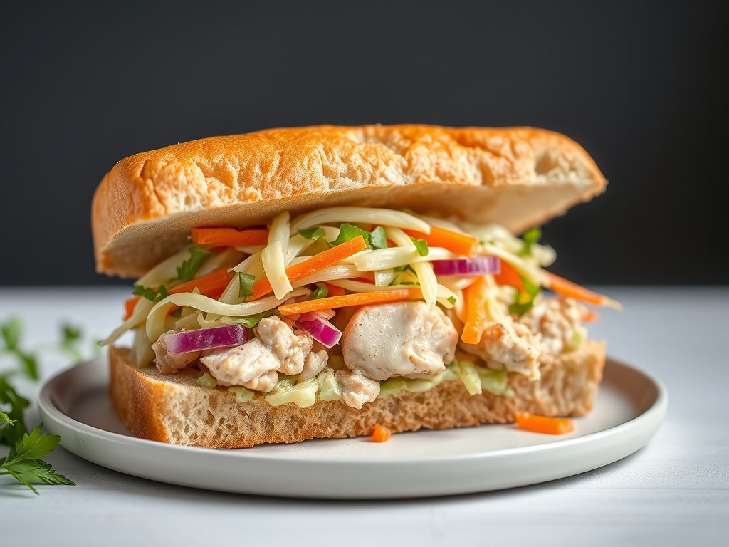 Sandwich met kip en koolsalade, AI-gegenereerde illustratie