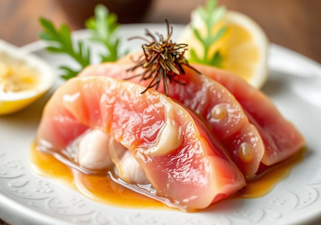 Sashimi van tonijn met saffraanmayonaise, AI-gegenereerde illustratie