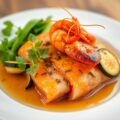 Saté met zalm en scampi’s