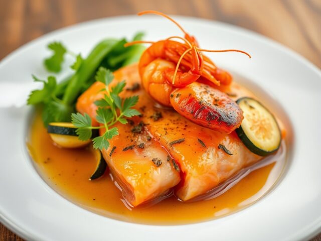 Saté met zalm en scampi’s