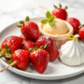 Saté van aardbeien met citroensorbet en eiwitbakje