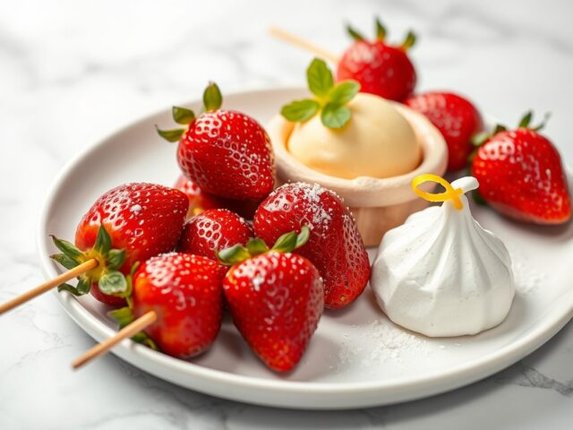 Saté van aardbeien met citroensorbet en eiwitbakje