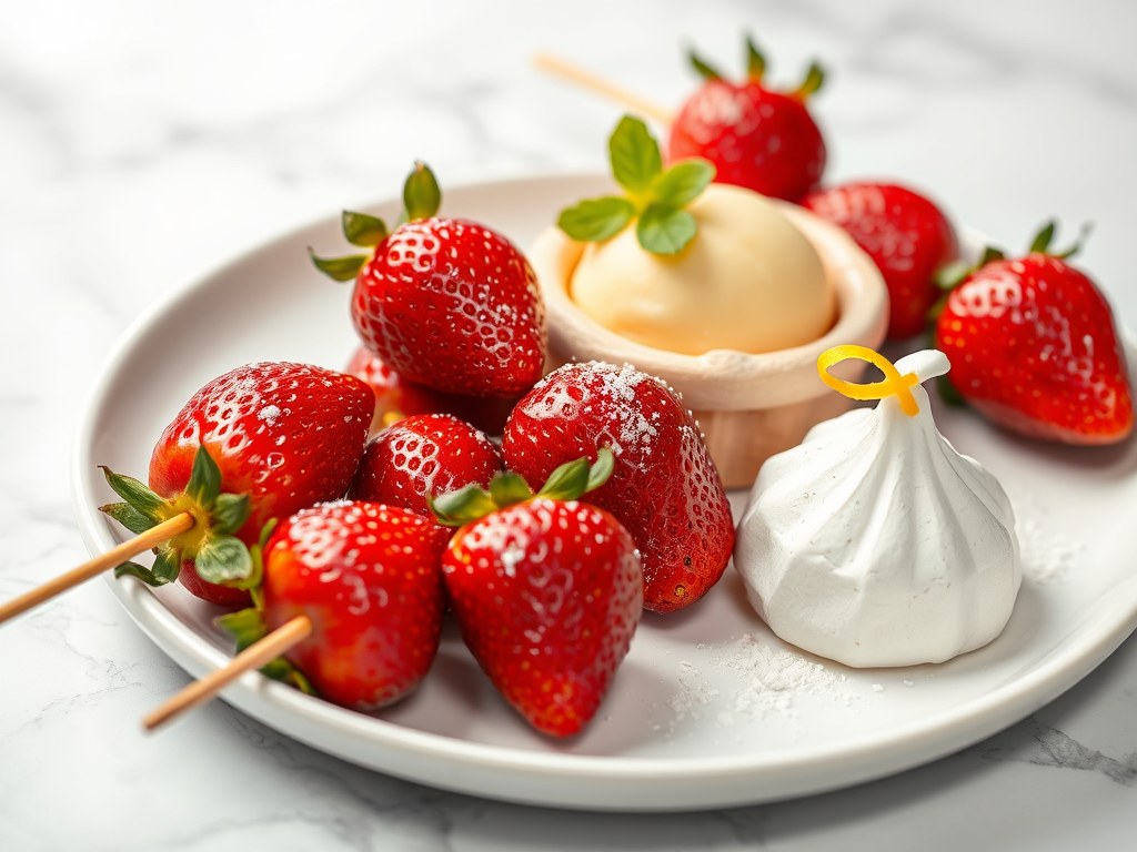 Saté van aardbeien met citroensorbet en eiwitbakje, AI-gegenereerde illustratie