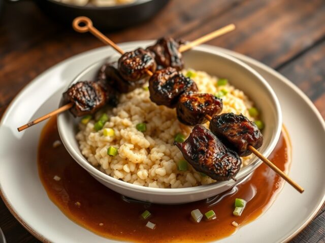Saté van struisvogel met risotto