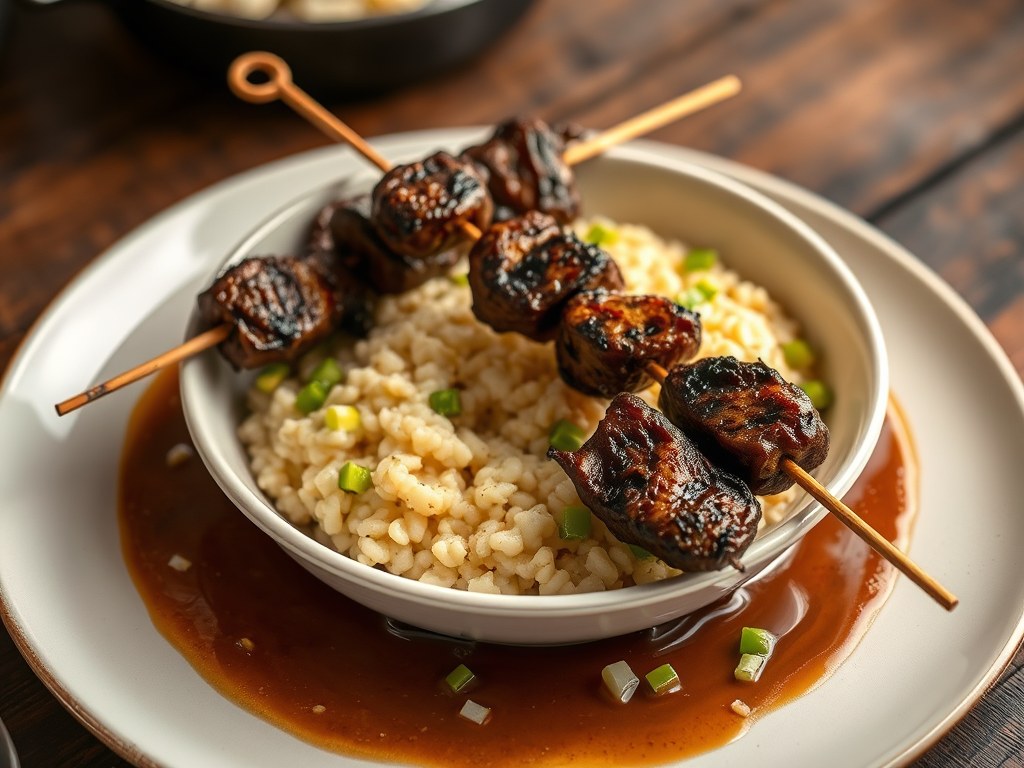 Saté van struisvogel met risotto, AI-gegenereerde illustratie