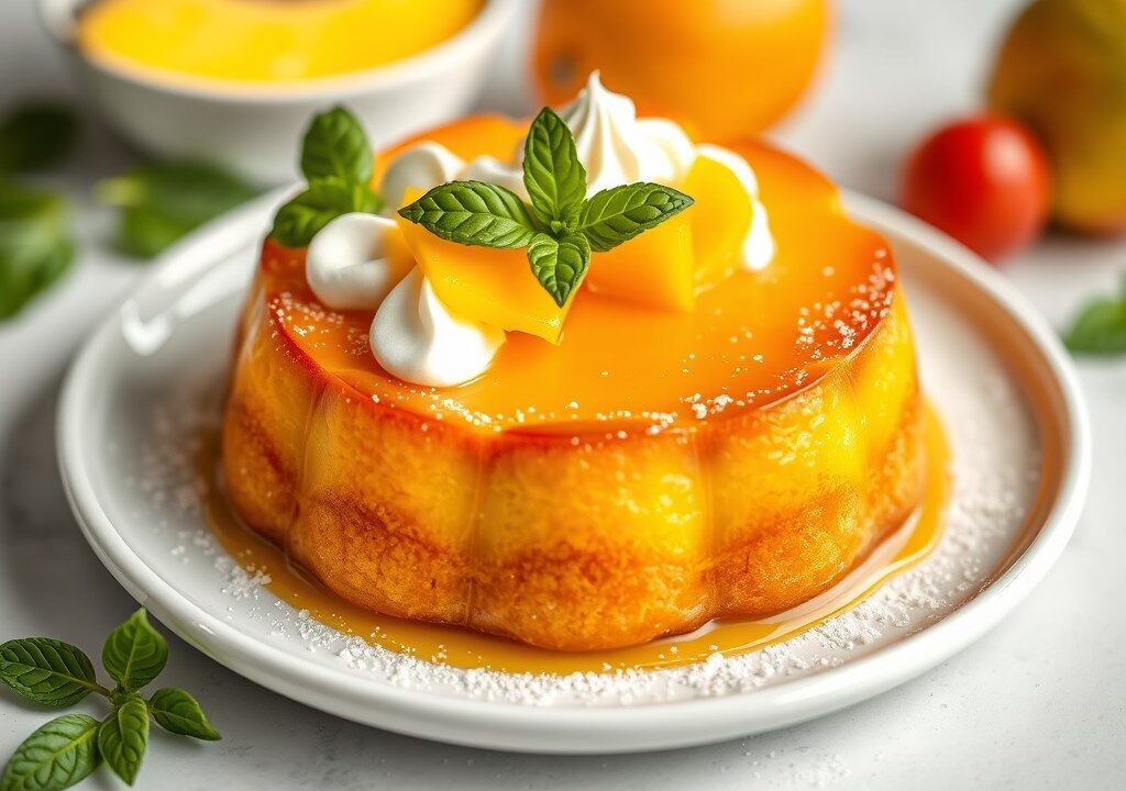Savarin van mango met meloen en basilicumstroop, AI-gegenereerde illustratie