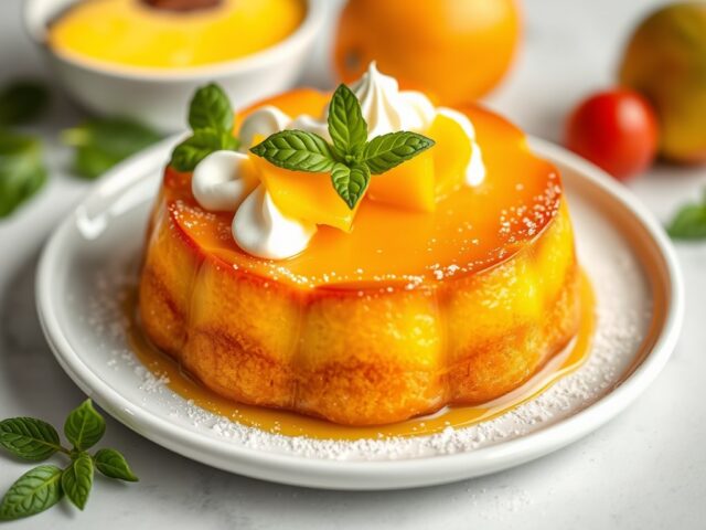 Savarin van mango met meloen en basilicumstroop — AI-gegenereerde illustratie