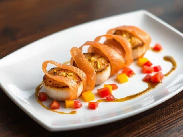 Scallops wrapped in gravadlax with mango slices.