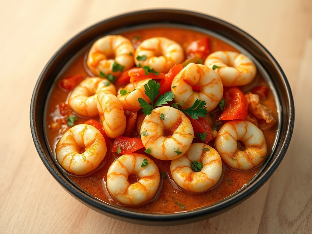 Scampi’s in pittige tomatenroomsaus, AI-gegenereerde illustratie