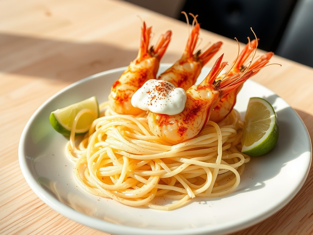 Scampi’s met aardappel-spaghetti, AI-gegenereerde illustratie