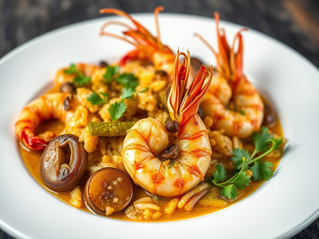 Scampi’s met peer en kerrie, AI-gegenereerde illustratie