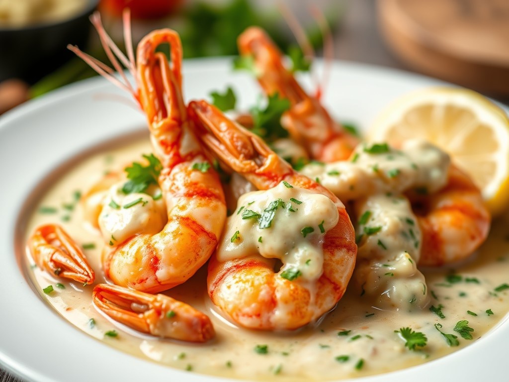 Scampi’s met romige kruidensaus, AI-gegenereerde illustratie