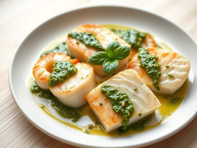 Scampi en roodbaars met pestosaus