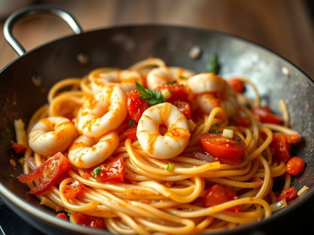 Scampi in de wok met spaghettinestjes en tomatenjam